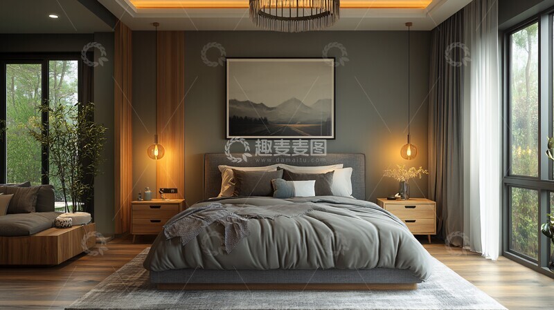 高清大图下载【趣麦麦图】-灰色木质简约卧室1