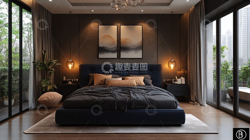 高清大图下载【趣麦麦图】蓝色床黑色床头柜3