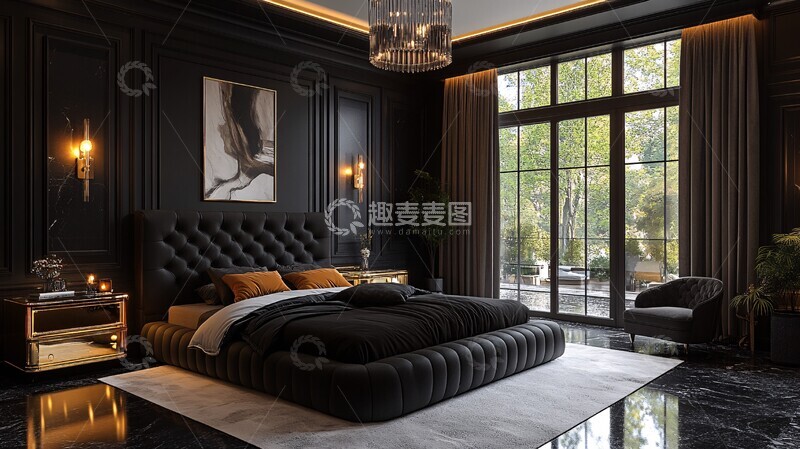 高清大图下载【趣麦麦图】黑色床铺金色床头柜12