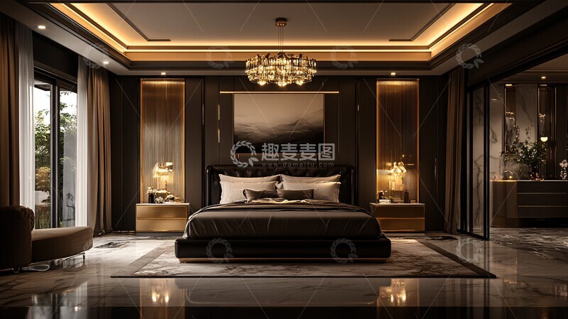 高清大图下载【趣麦麦图】黑色床铺金色床头柜13