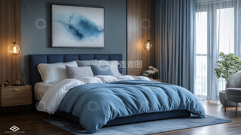 高清大图下载【趣麦麦图】蓝色木床卧室7