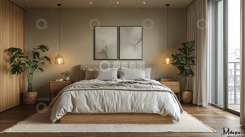 高清大图下载【趣麦麦图】木质床头与灰床2