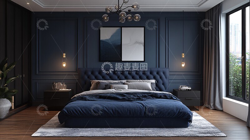 高清大图下载【趣麦麦图】-蓝色床黑色床头柜2