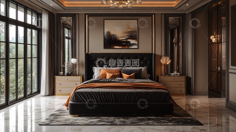 高清大图下载【趣麦麦图】黑色床铺金色床头柜15