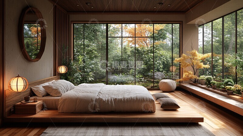 高清大图下载【趣麦麦图】木质床铺与纸灯装饰1