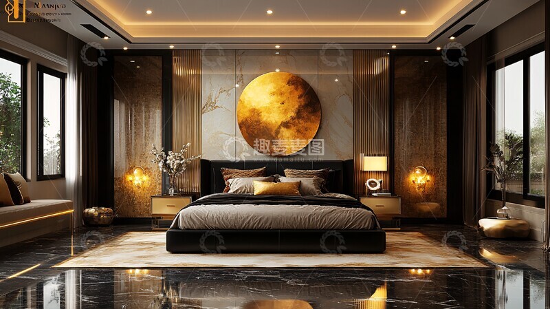 高清大图下载【趣麦麦图】黑色床铺金色床头柜17
