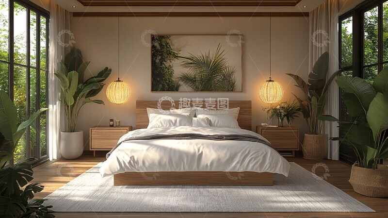 高清大图下载【趣麦麦图】白色床铺木质床头5