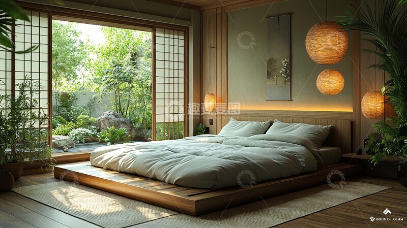 高清大图下载【趣麦麦图】木质床铺与纸灯装饰
