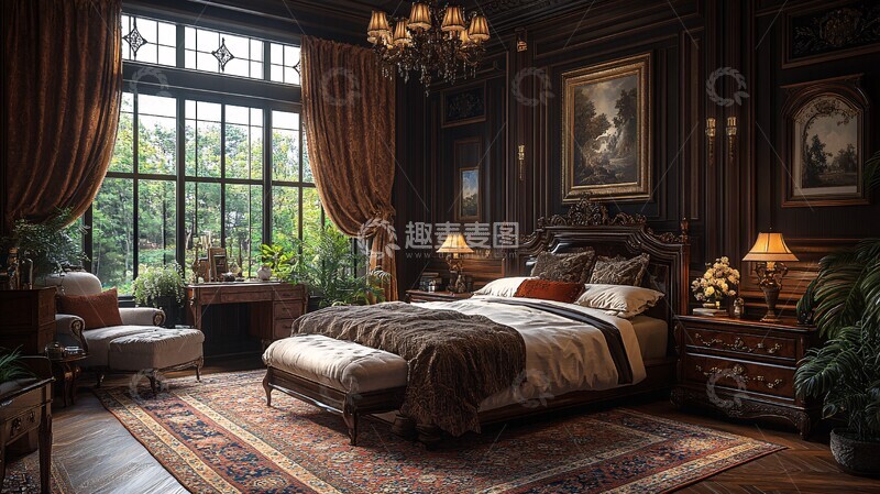 高清大图下载【趣麦麦图】古典木床与豪华窗帘3