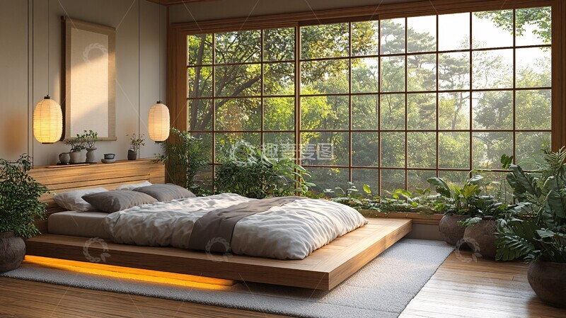 高清大图下载【趣麦麦图】木质床铺与纸灯装饰2