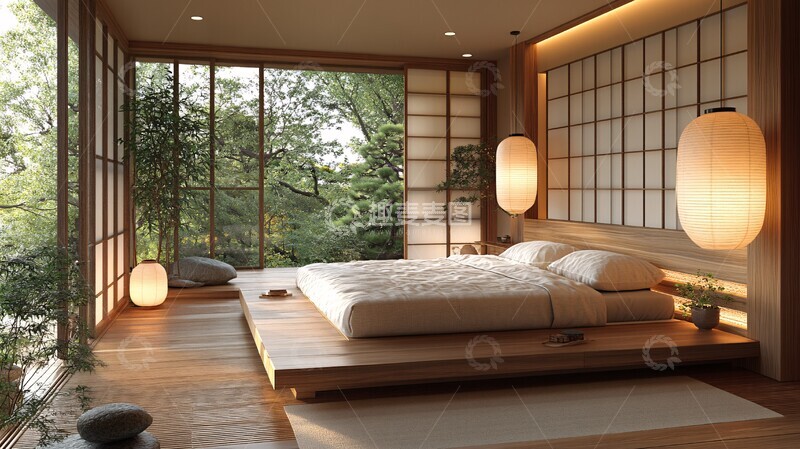 高清大图下载【趣麦麦图】木质床铺与纸灯装饰3