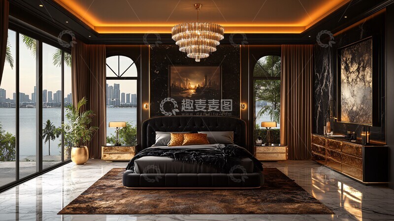 高清大图下载【趣麦麦图】黑色床铺金色床头柜18