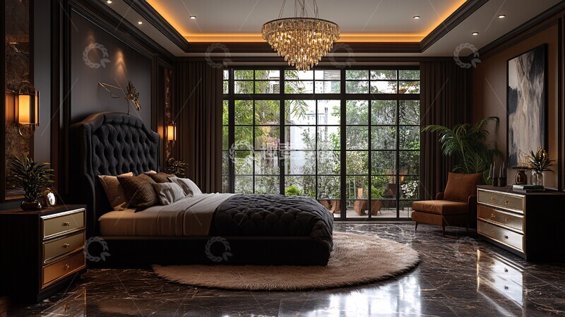 高清大图下载【趣麦麦图】黑色床铺金色床头柜19