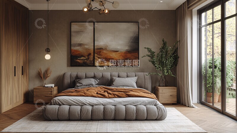 高清大图下载【趣麦麦图】灰床木桌简约卧室11