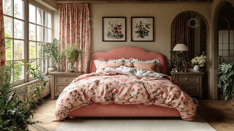 高清大图下载【趣麦麦图】粉色床与木质床头柜7