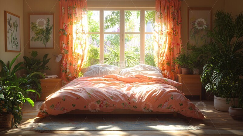 高清大图下载【趣麦麦图】粉色床与花卉窗帘3