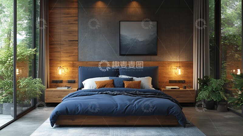 高清大图下载【趣麦麦图】蓝色床铺木质床头柜6