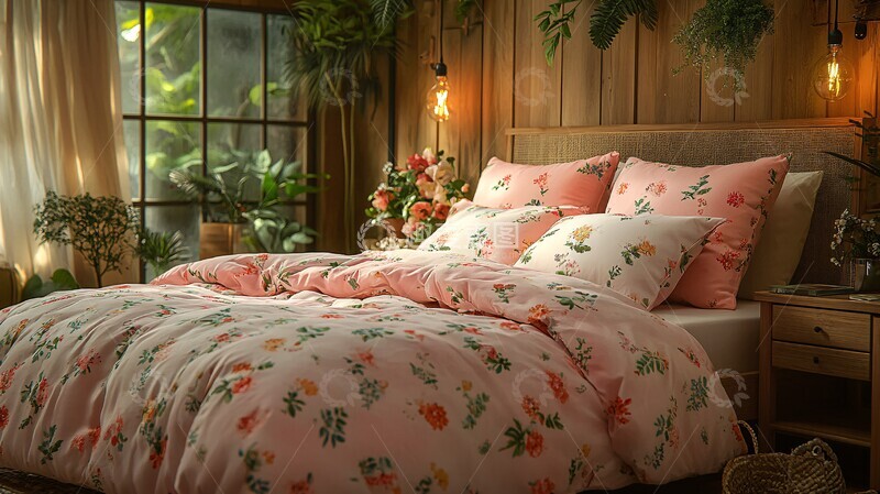 高清大图下载【趣麦麦图】粉色床与花卉窗帘2