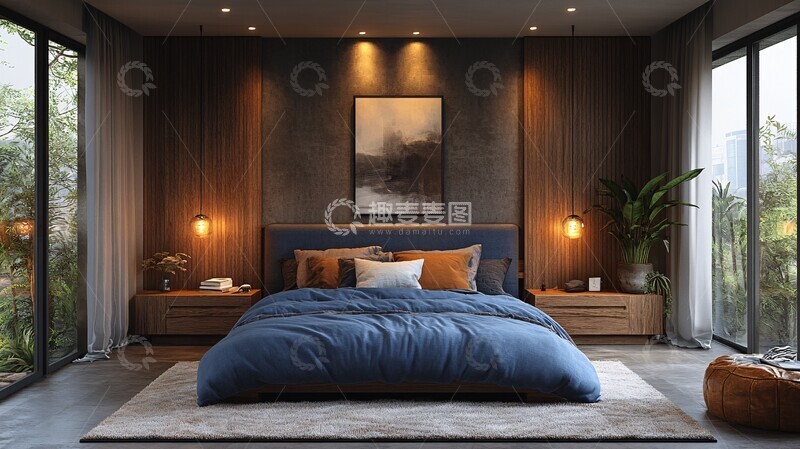 高清大图下载【趣麦麦图】蓝色床铺木质床头柜7