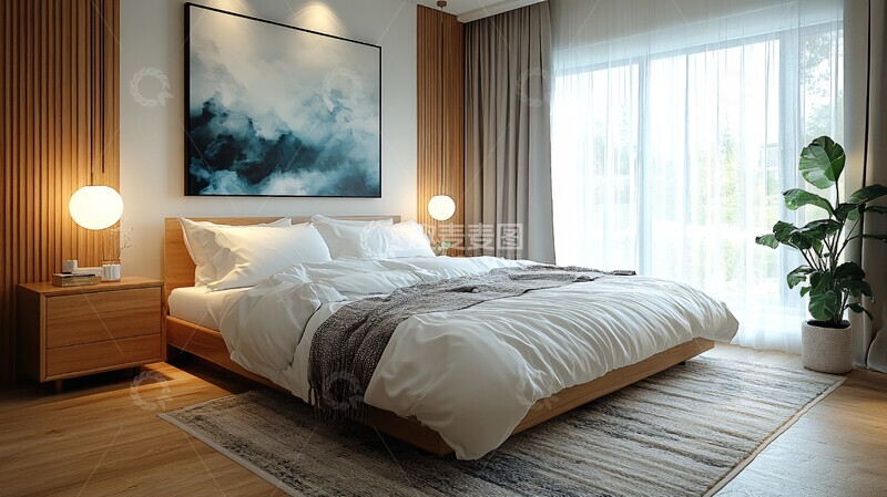高清大图下载【趣麦麦图】白色床与木地板12