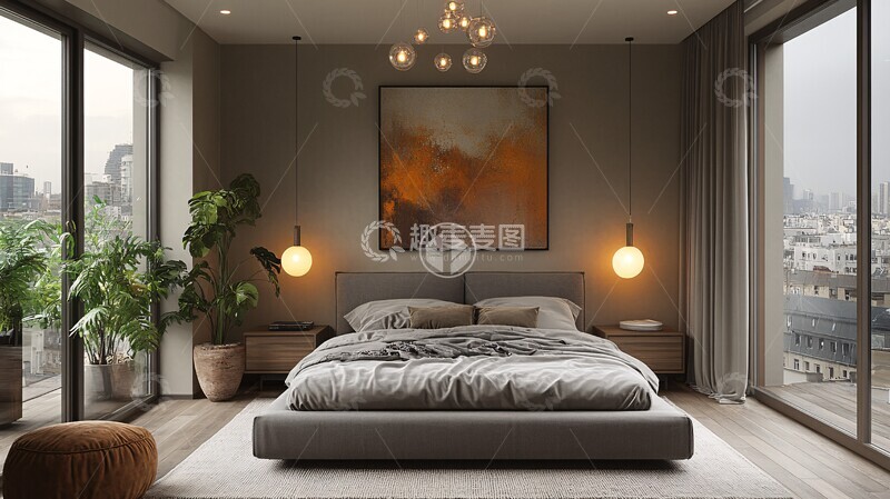 高清大图下载【趣麦麦图】灰色床现代卧室3