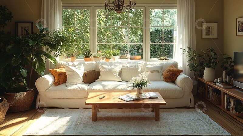 高清大图下载【趣麦麦图】白色沙发木桌花艺装饰3