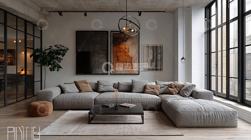高清大图下载【趣麦麦图】灰沙发木地板客厅2