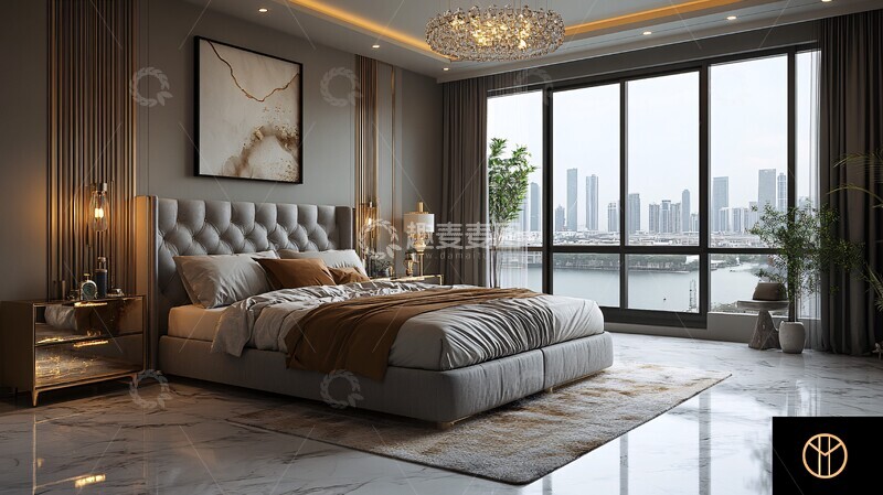 高清大图下载【趣麦麦图】灰床金桌现代卧室3