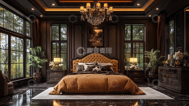 高清大图下载【趣麦麦图】金色床头黑色床边柜3