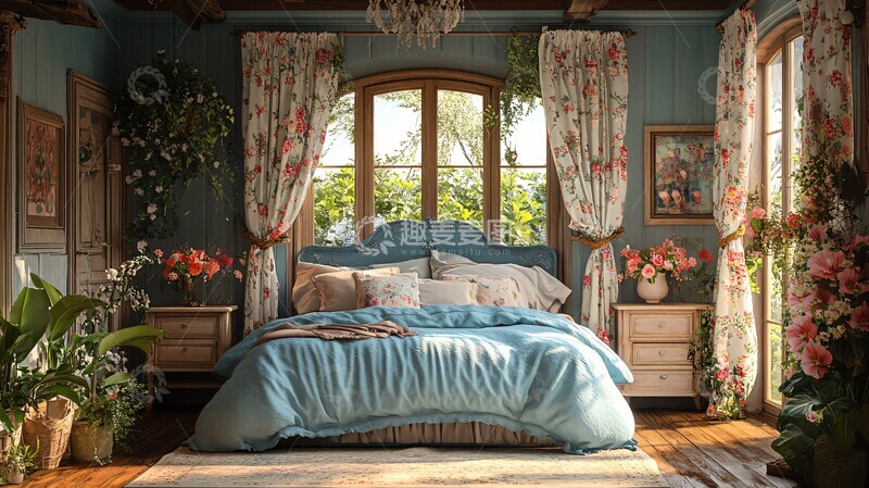 高清大图下载【趣麦麦图】蓝色床铺复古卧室2
