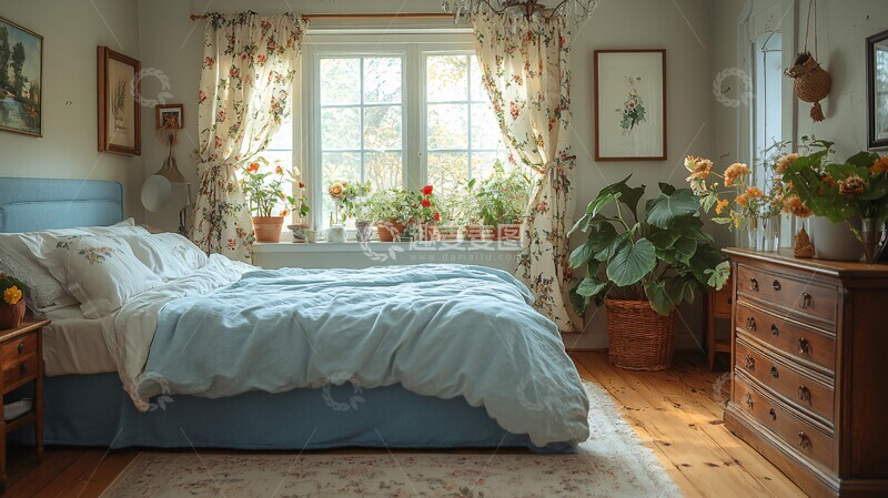 高清大图下载【趣麦麦图】蓝色床铺复古卧室1