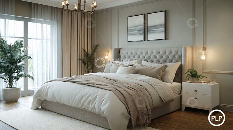 高清大图下载【趣麦麦图】灰色床白色床头柜7