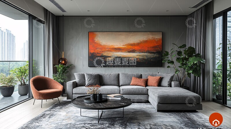 高清大图下载【趣麦麦图】灰沙发金属桌艺术墙6