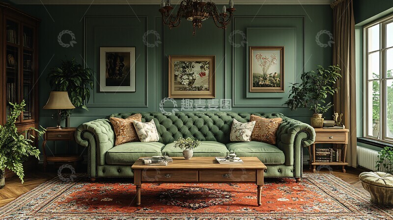 高清大图下载【趣麦麦图】绿色沙发木质茶桌2