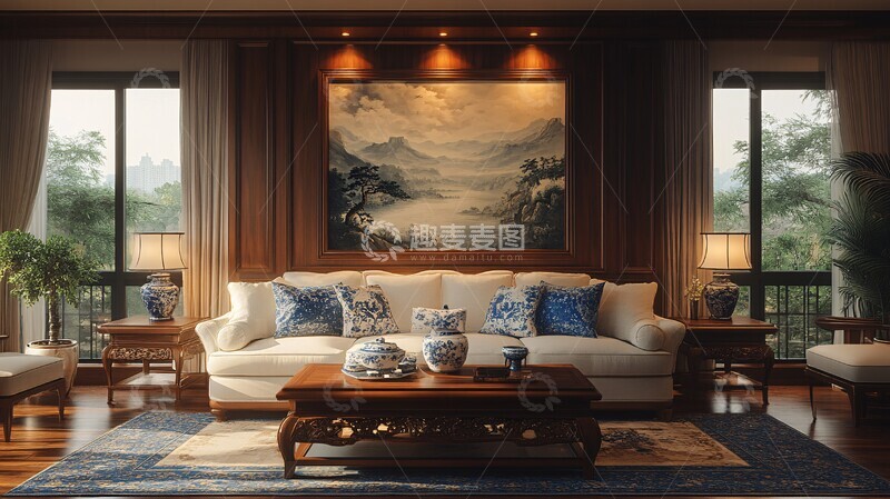 高清大图下载【趣麦麦图】红木沙发青花瓷饰品2