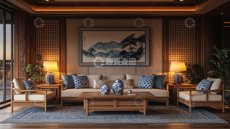 高清大图下载【趣麦麦图】红木沙发青花瓷饰品3