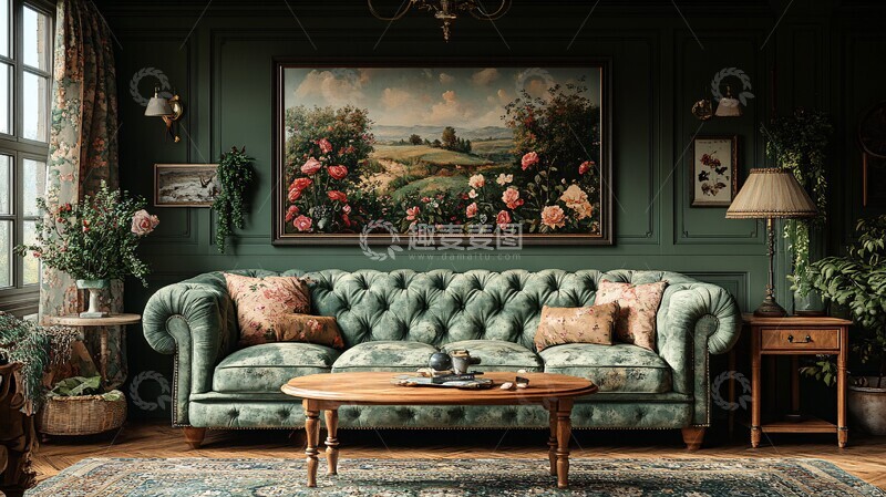 高清大图下载【趣麦麦图】绿色沙发木质茶桌3