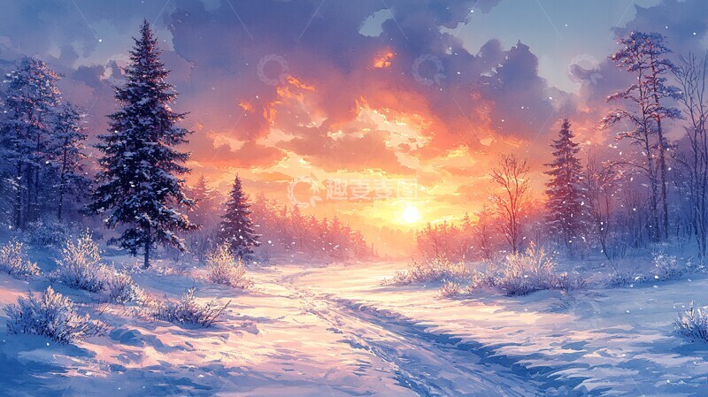 高清大图下载【趣麦麦图】水彩插画夕阳下白雪皑皑的景致3