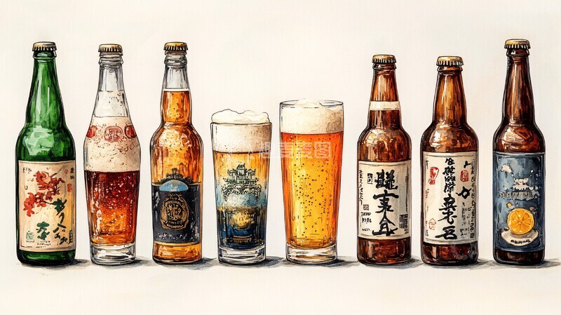 高清大图下载【趣麦麦图】清酒和啤酒设置手绘模拟触摸1