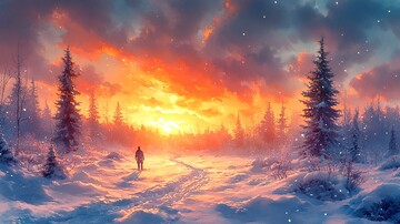 水彩插画夕阳下白雪皑皑的景致2