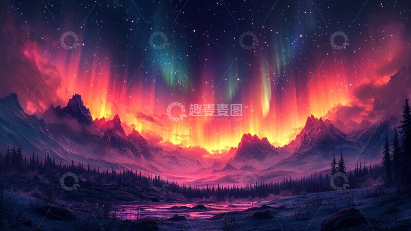 高清大图下载【趣麦麦图】非常漂亮的星空极光插画3