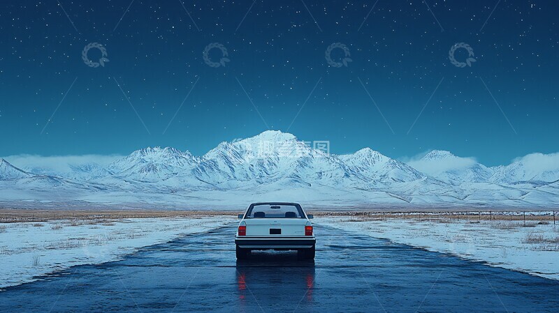 高清大图下载【趣麦麦图】雪山星空车展2