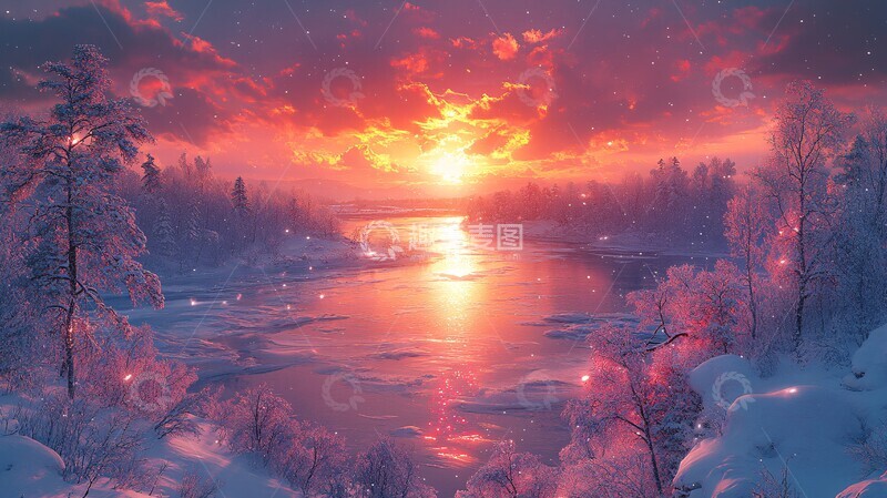 高清大图下载【趣麦麦图】风景主题插画日落时的空中风景2