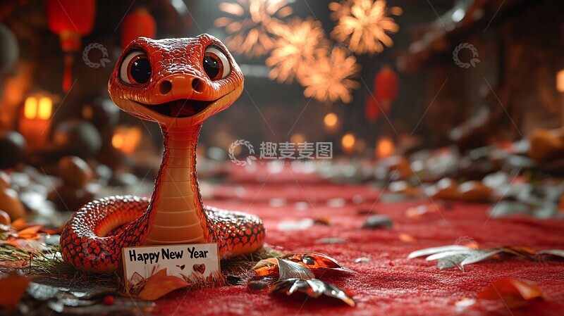 高清大图下载【趣麦麦图】红蛇迎新春新春地毯烟花