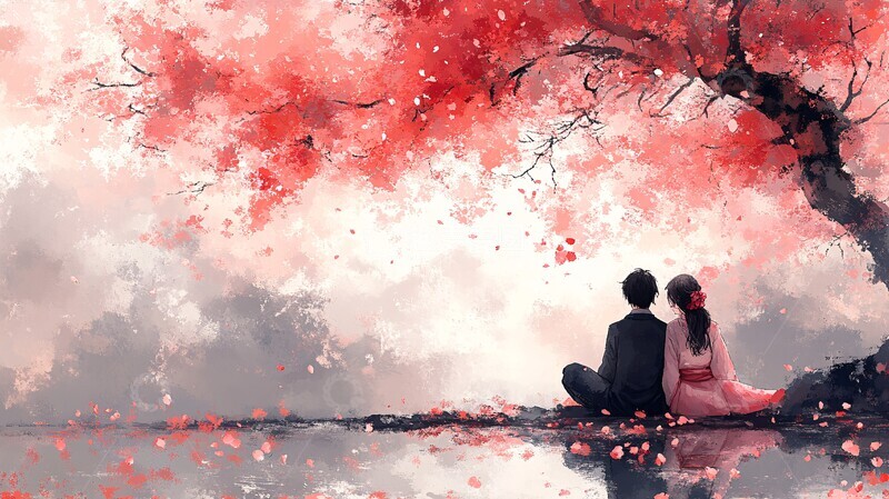 高清大图下载【趣麦麦图】樱花树下情侣背影3
