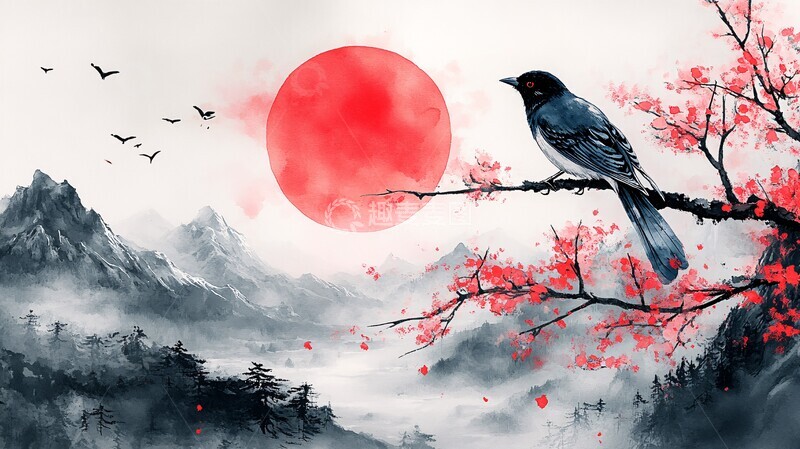 高清大图下载【趣麦麦图】蓝鹊红日新年画3