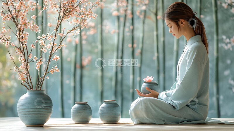 高清大图下载【趣麦麦图】竹桃静谧静谧绿色蓝色1