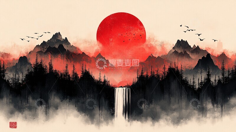 高清大图下载【趣麦麦图】红日山瀑布瀑布流水夕阳