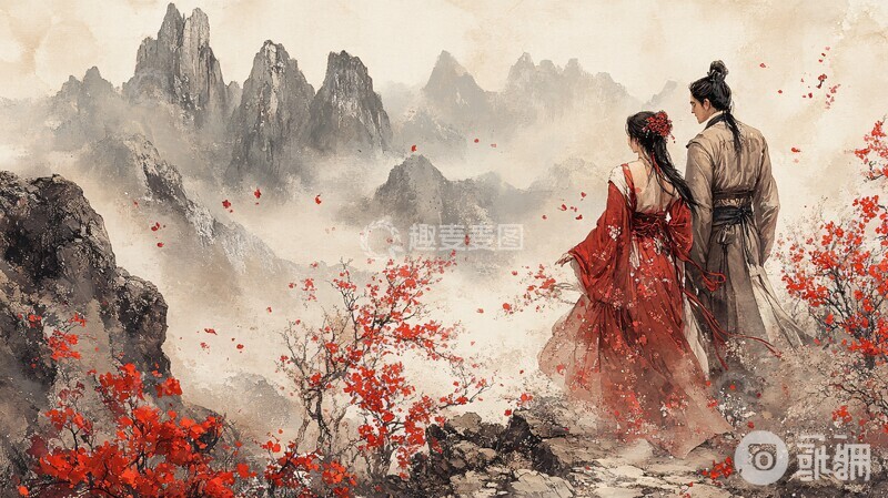 高清大图下载【趣麦麦图】春花山径情侣行3