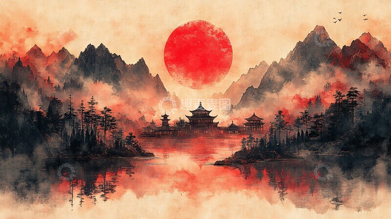 高清大图下载【趣麦麦图】红日山水图红山水山3